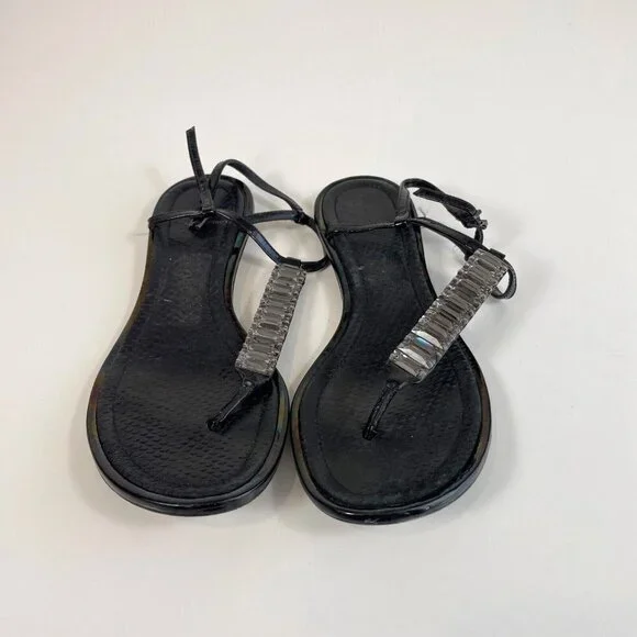 Brian Atwood Womens Leather Thong Sandals Black 6.5 Embellished T-Strap Crystal